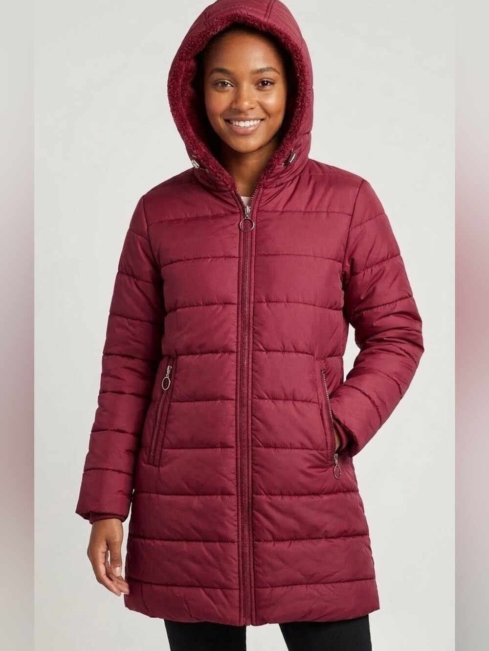 NWT Cozy Berry Color Sherpa-Lined Quilted Puffer Coat with Hood - Size Small
